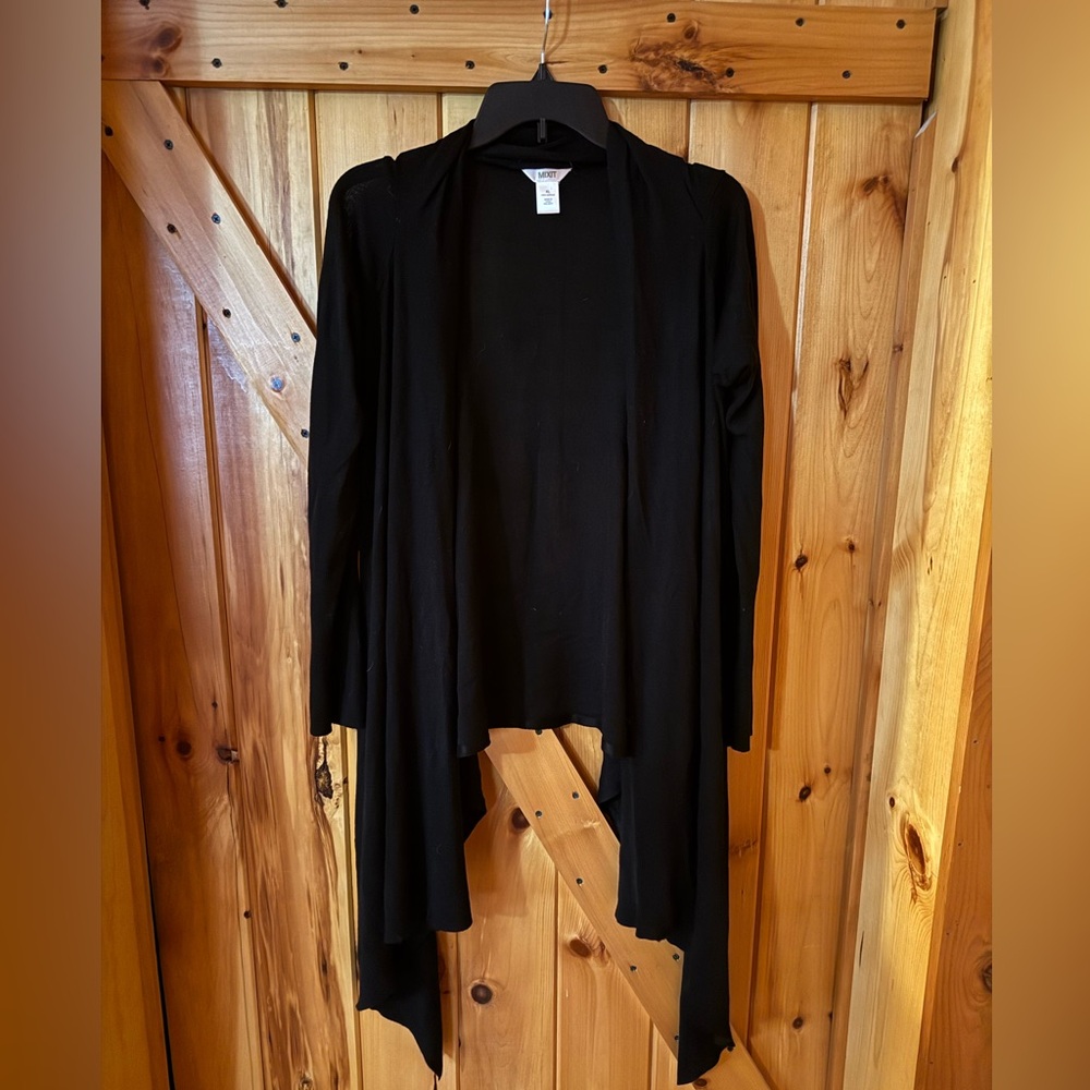 Mixit Black Open-Front Draped Cardigan with Handkerchief Hem – Women’s Size XL